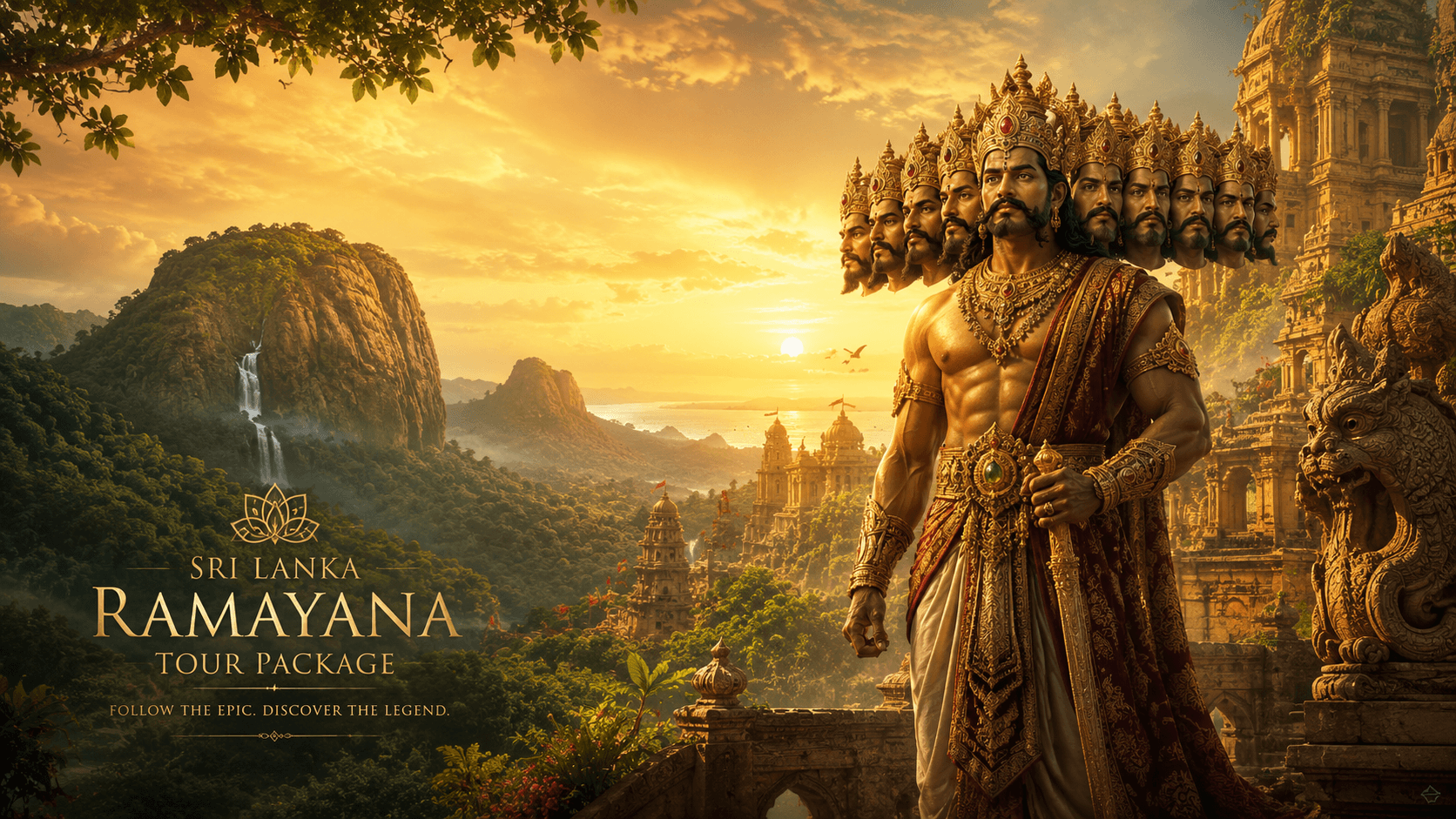 Ramayana-inspired Sri Lankan landscape with Ravana, temples and golden mountains