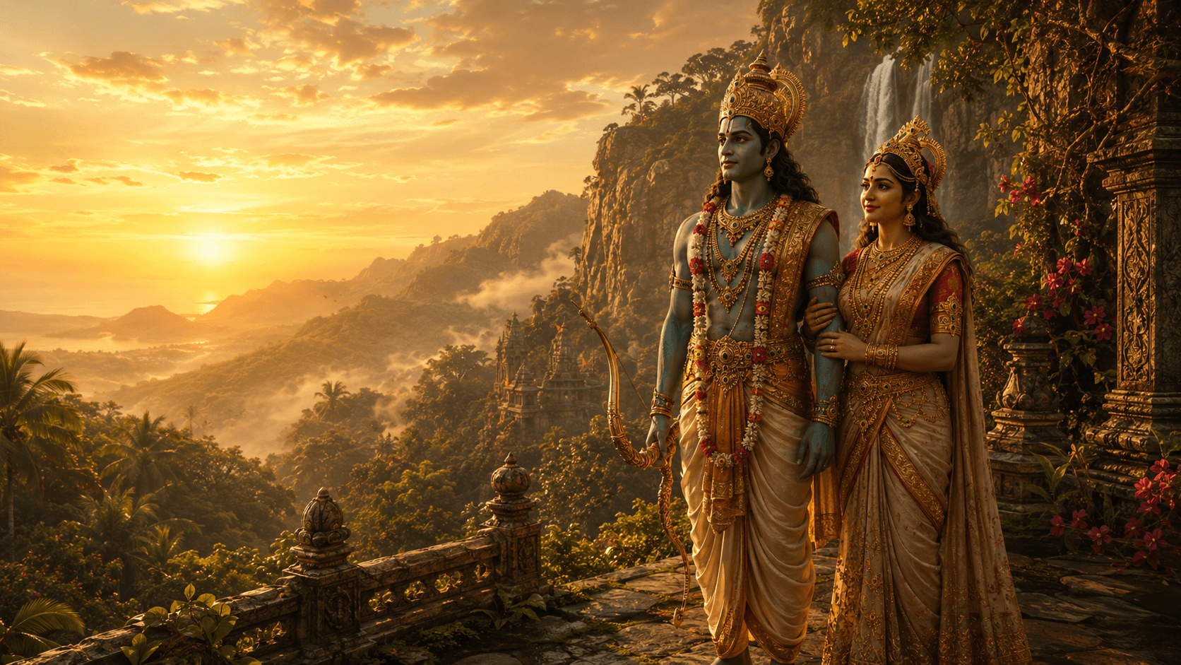 Rama and Sita in a golden Sri Lankan Ramayana landscape